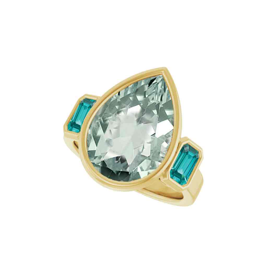 Three-stone cocktail ring with green amethyst and Paraiba tourmalines in 10K yellow gold.