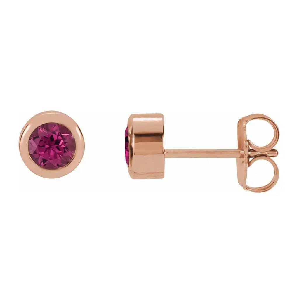 Pink tourmaline bezel stud earrings side view in 14K rose gold variant--14K-rose-gold