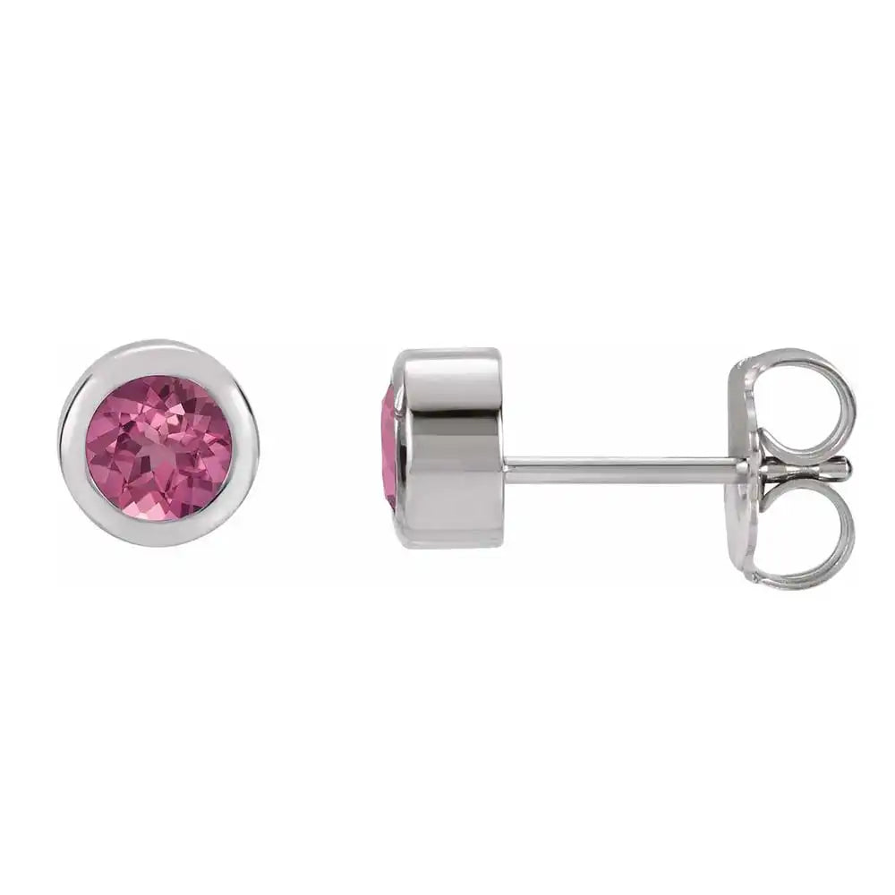 Pink tourmaline bezel stud earrings side view in sterling silver variant--Sterling-silver