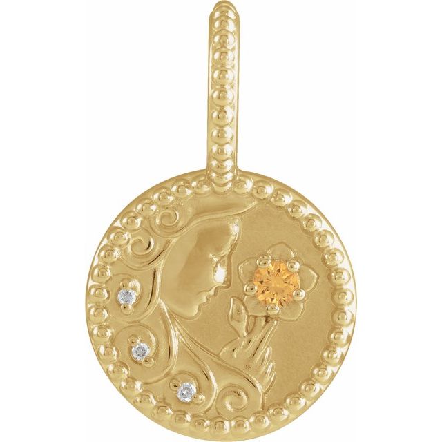 Virgo zodiac medallion charm in 14K gold with citrine