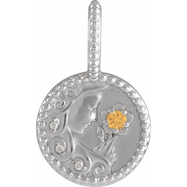 Virgo medallion charm in white gold with diamond accent