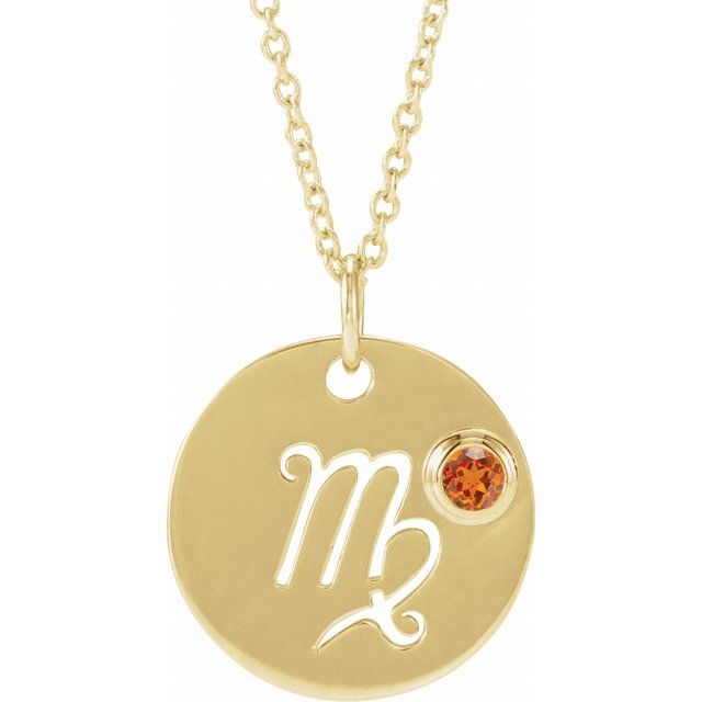 Virgo zodiac charm necklace in 14K gold with spessartite garnet gemstone