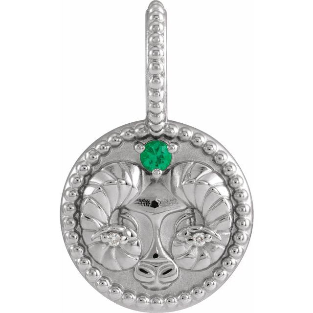 White gold Aries medallion with emerald gemstone highlight