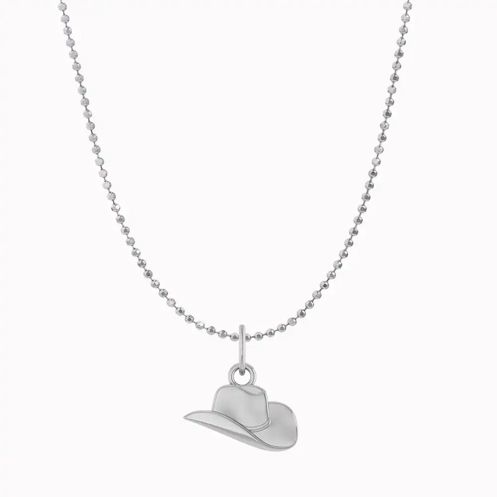 Cowgirl Hat Necklace in 14K white gold on bead chain, front view