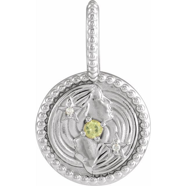 White gold Gemini medallion with peridot gemstone highlight