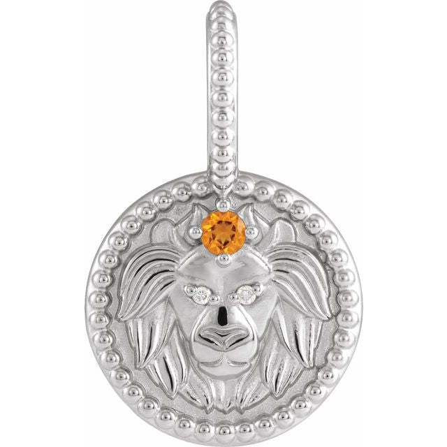 White gold Leo medallion charm with citrine and diamond