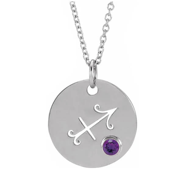 Sagittarius zodiac necklace in 14K white gold with coordinating birthstone accent charm.