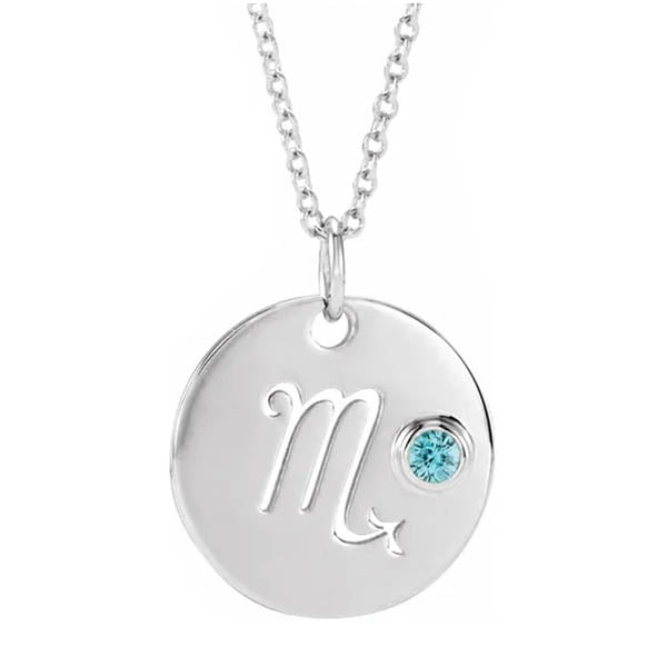 Scorpio zodiac necklace in 14K white gold with coordinating birthstone accent charm.
