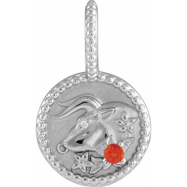 White gold Taurus medallion with Mexican fire opal gemstone