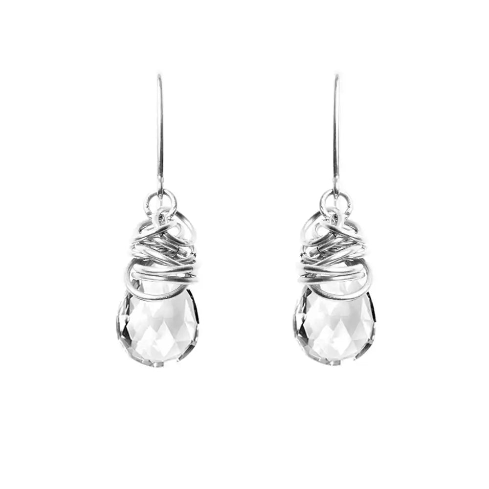 White topaz dangle earrings in sterling silver, clean silver bezel with crystal-clear white topaz variant--Sterling-silver variant--White-Topaz