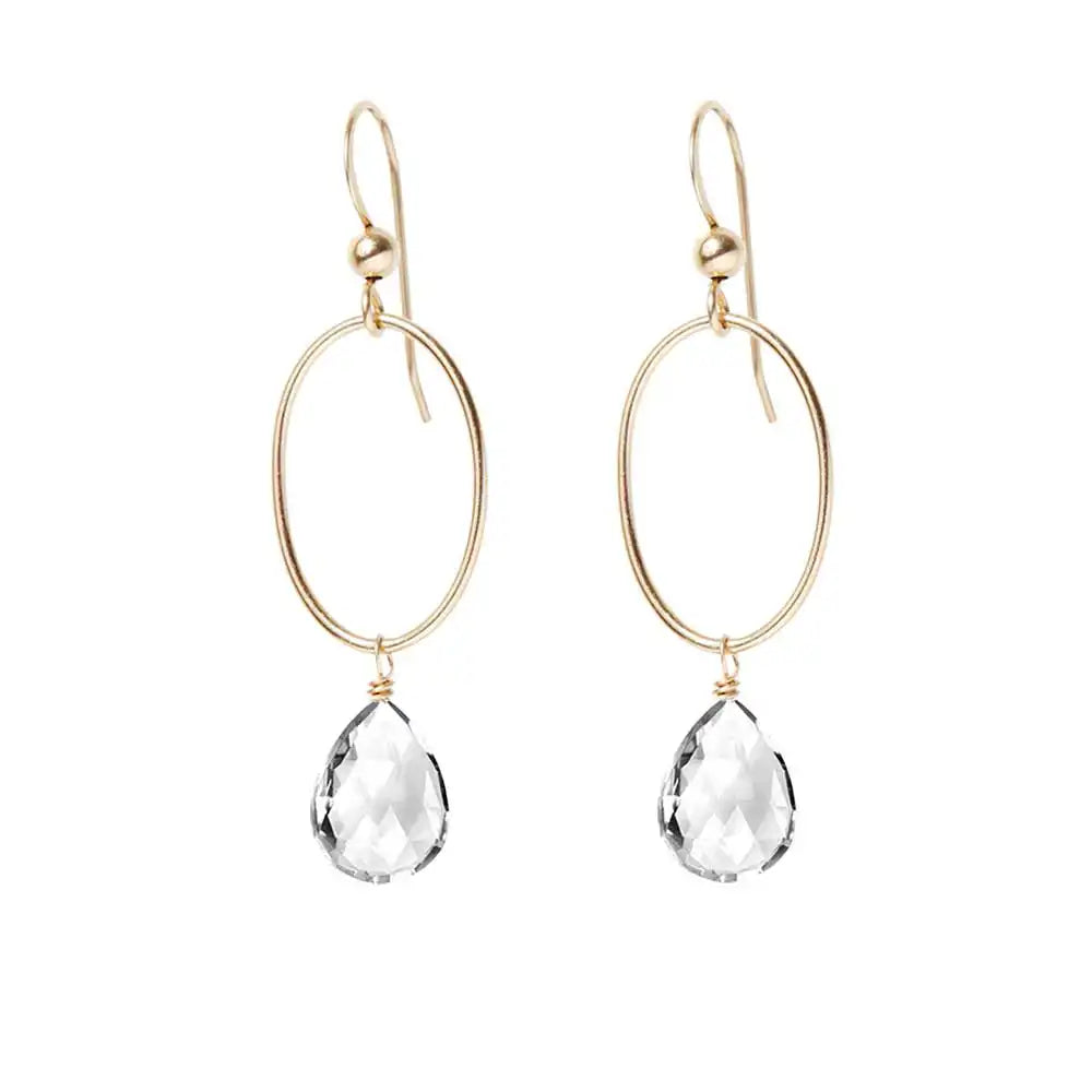 White Topaz gemstone hoop earrings in 14K gold-fill, hand-cut crystal clear stone, handmade in the USA variant--White-Topaz variant--Gold-fill