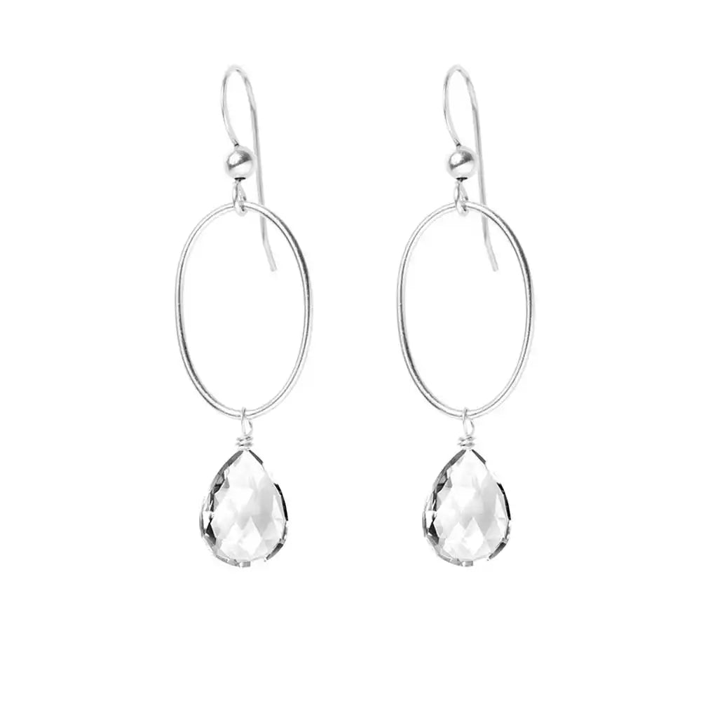White Topaz gemstone hoop earrings in sterling silver, hand-cut crystal clear stone, handmade in the USA variant--White-Topaz variant--Sterling-silver