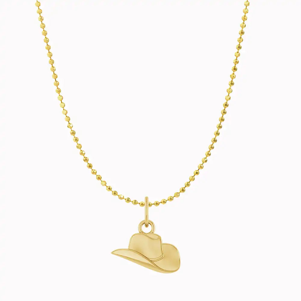 Cowgirl Hat Necklace in 14K yellow gold on bead chain, front view