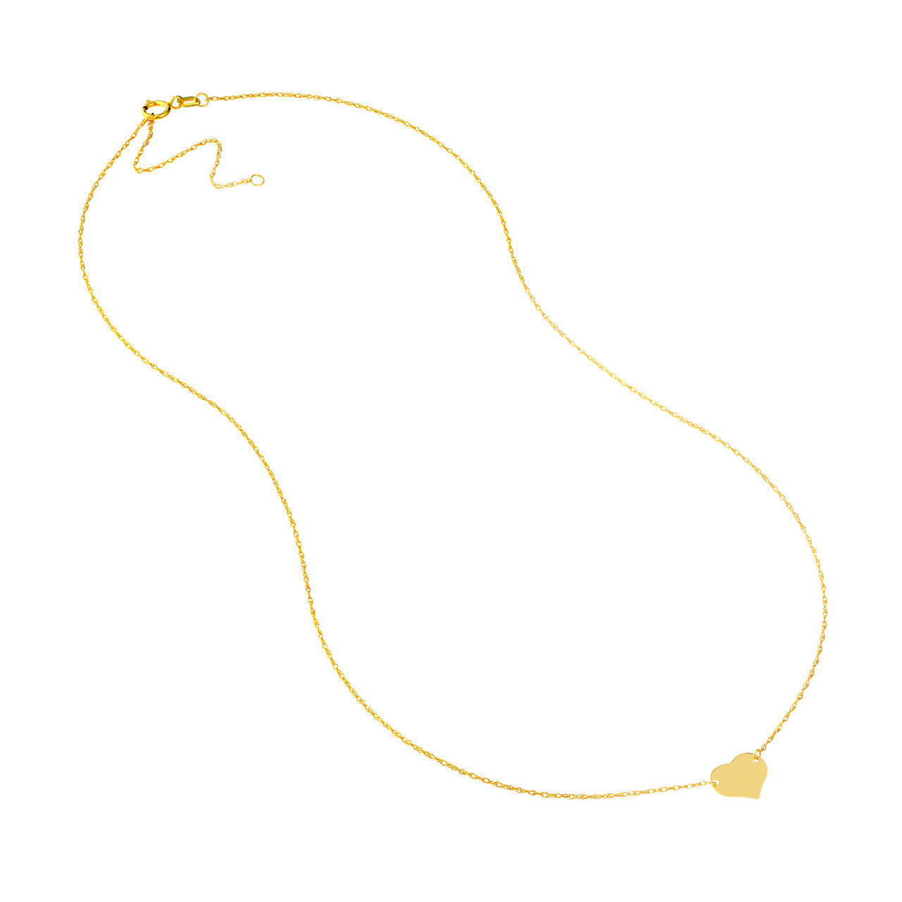 Yellow gold Adjustable chain detail of Mini Heart Necklace showing 16–18 inch length and spring-ring clasp