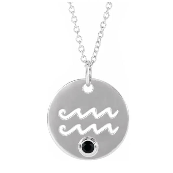 Aquarius zodiac charm necklace in sterling silver with spinel accent stone