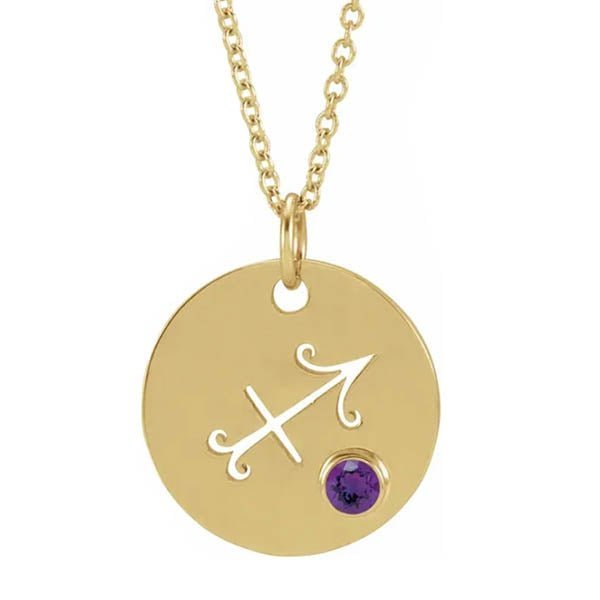 Dainty Sagittarius zodiac pendant and gemstone charm necklace in polished 14K yellow gold.