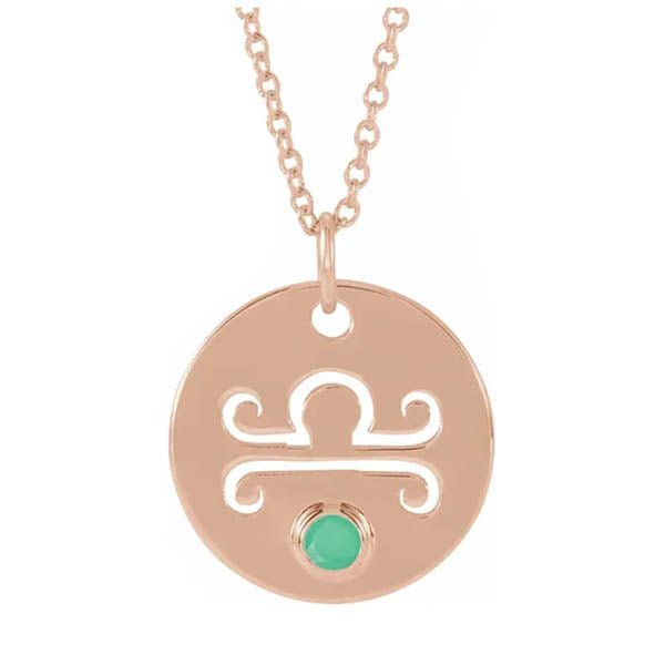 Libra zodiac medallion in 14K rose gold with matching birthstone charm detail.