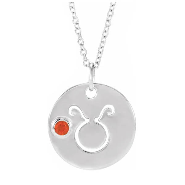 Taurus zodiac medallion in 14K white gold with matching birthstone charm detail.