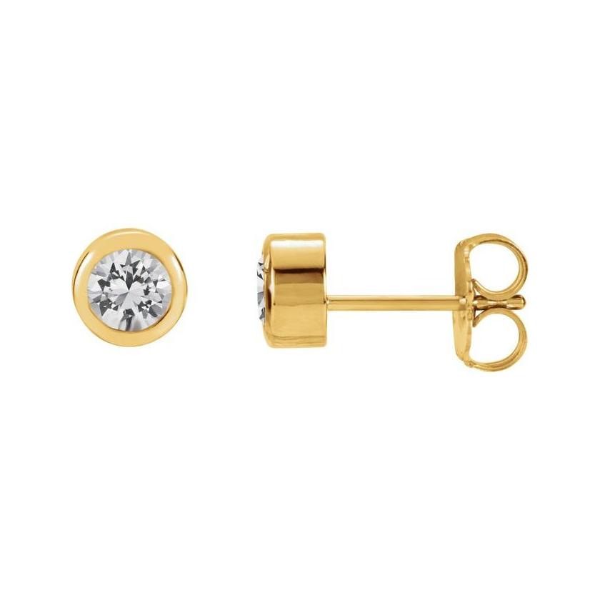 White Sapphire 14K yellow gold birthstone earrings in bezel setting, perfect birthday gift