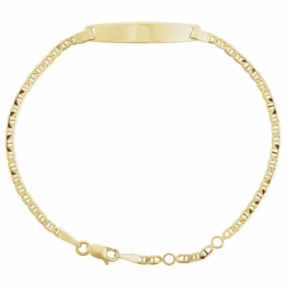 Flat lay of personalized 14K gold ID bracelet with engraving