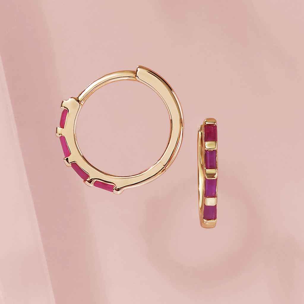 Ruby hoop earrings in 14K gold, handcrafted in Colorado