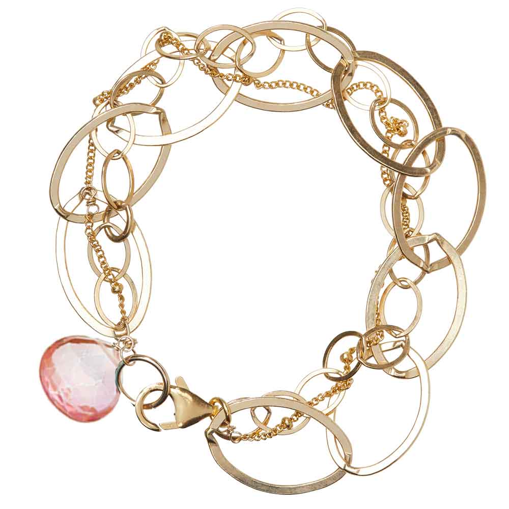 Custom gemstone bracelet with pink topaz birthstone charm