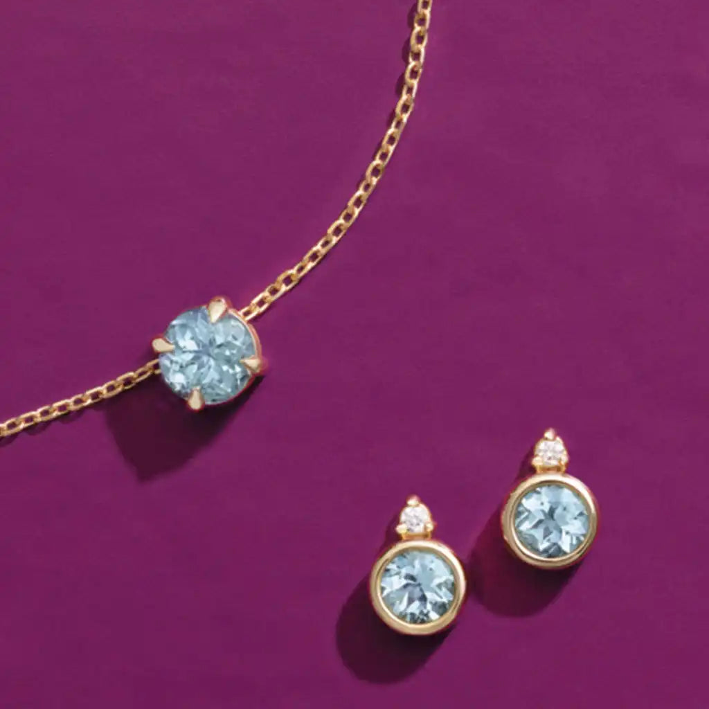 Aquamarine jewelry collection, recycled metals and gift-ready packaging