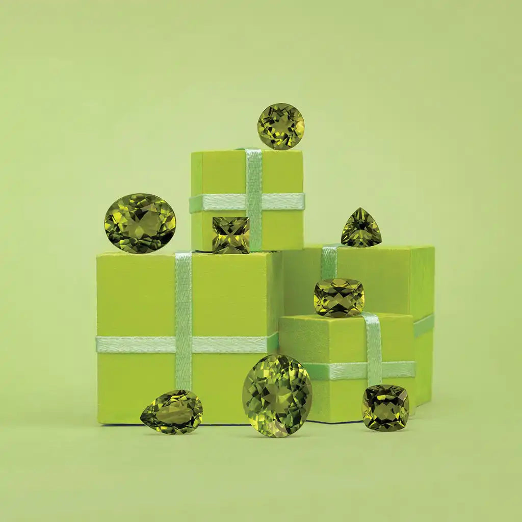 August birthstone jewelry featuring natural peridot in 14K gold