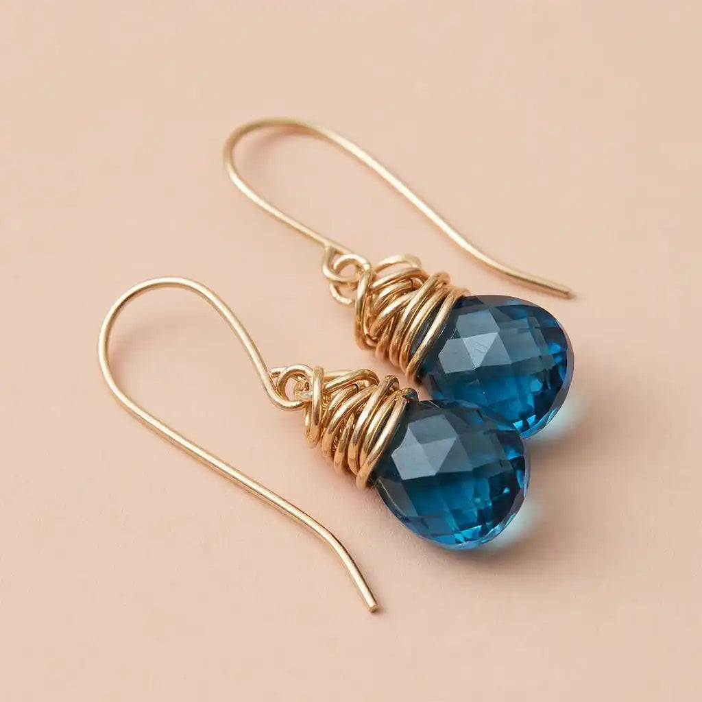London blue topaz drop earrings in 14K gold, handcrafted in Colorado