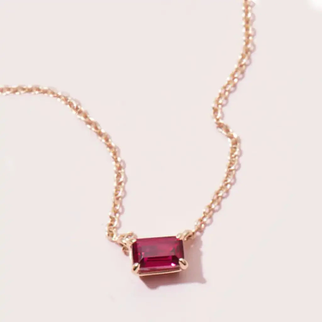 Ruby pendant necklace bezel-set in 14K gold, handcrafted in Colorado