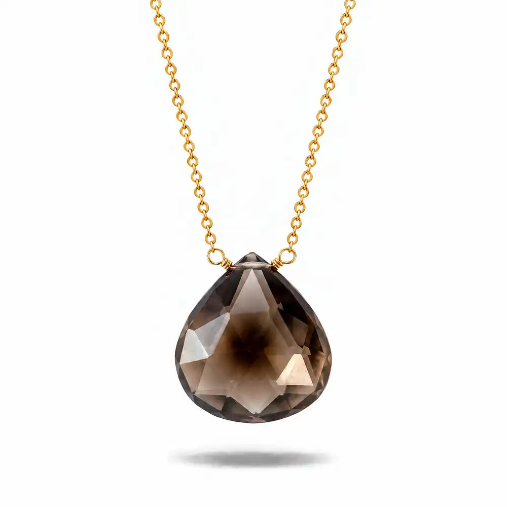 Smokey Topaz long pendant necklace in 14K gold-fill, pendant detail