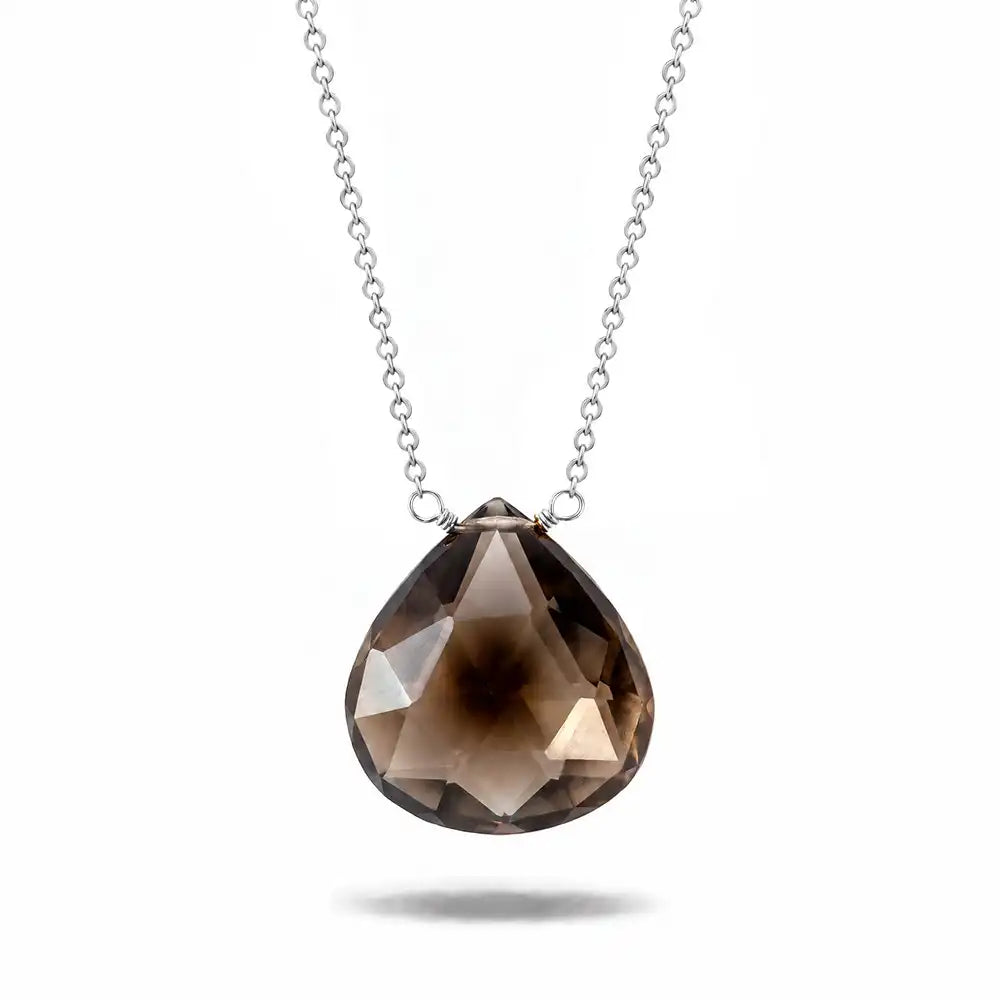 Smokey Topaz long pendant necklace in sterling silver, pendant detail