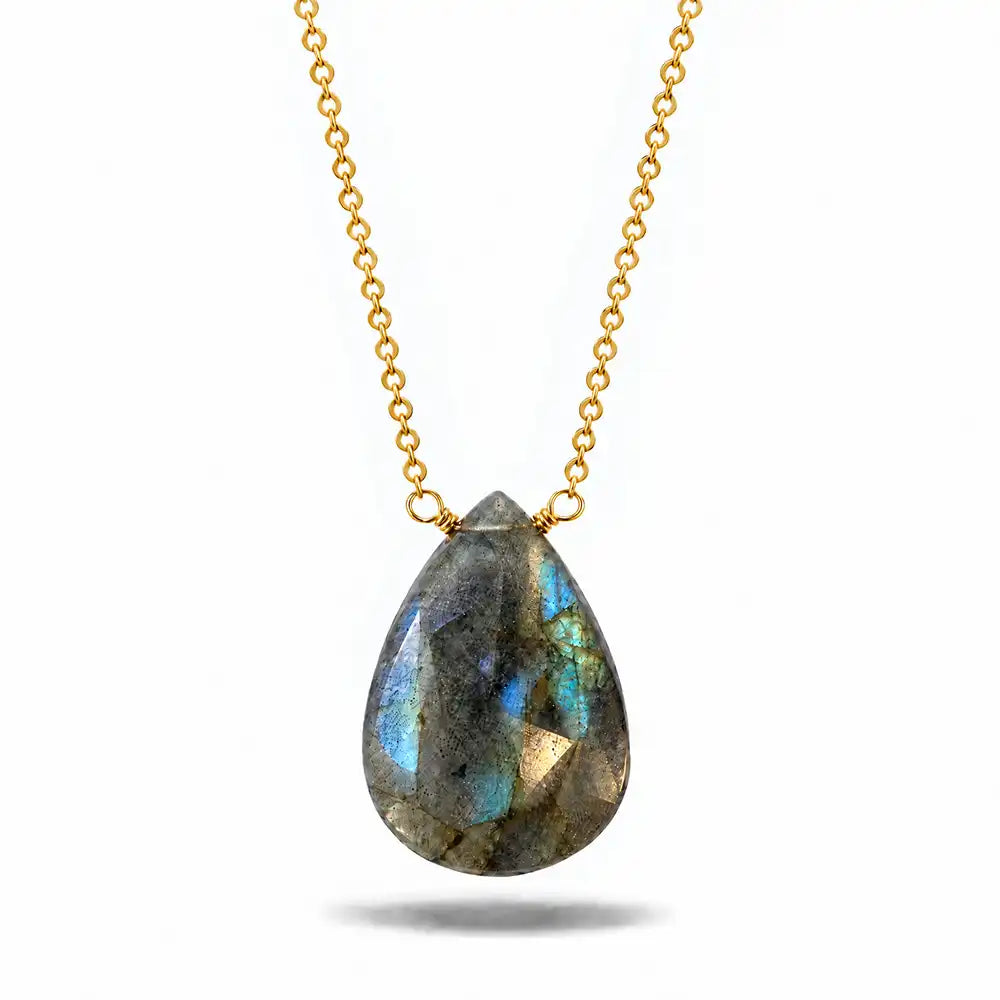 Labradorite long pendant necklace in 14K gold-fill, pendant detail