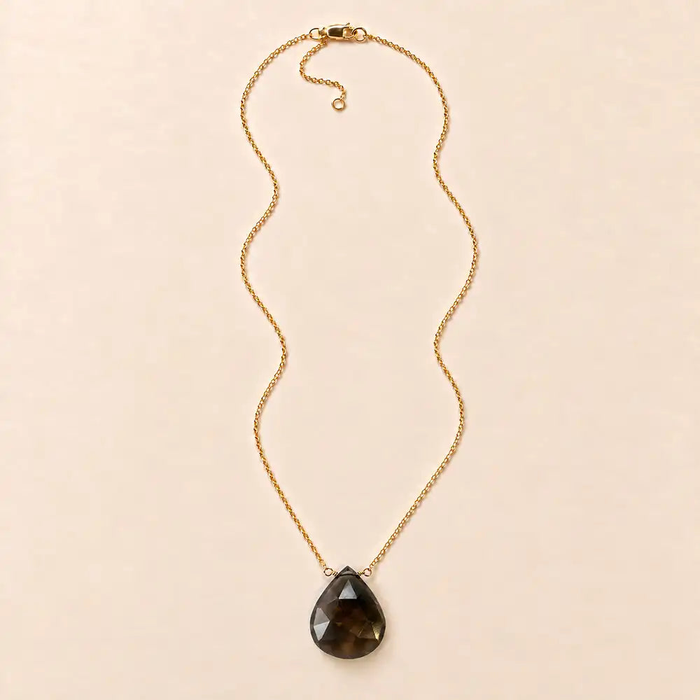 Smokey Topaz long pendant necklace, hand-cut briolette on an adjustable rolo chain, flat lay