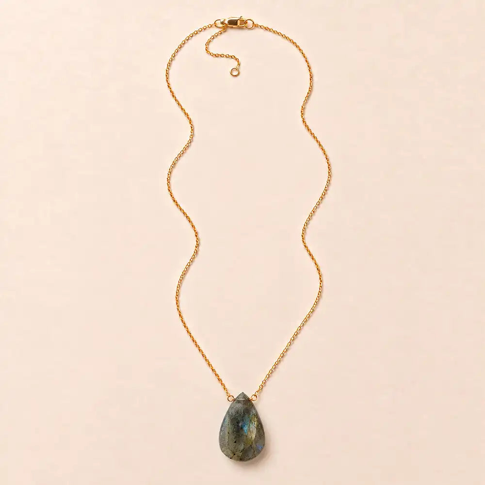 Labradorite long pendant necklace, hand-cut briolette on an adjustable rolo chain, flat lay