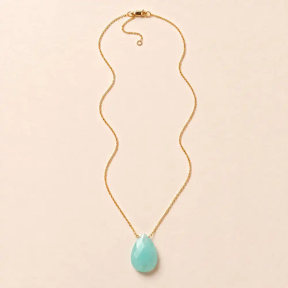 Chalcedony long pendant necklace, hand-cut briolette on an adjustable rolo chain, flat lay