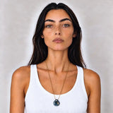 London Blue Topaz long pendant necklace worn at the full 24 inch length on model