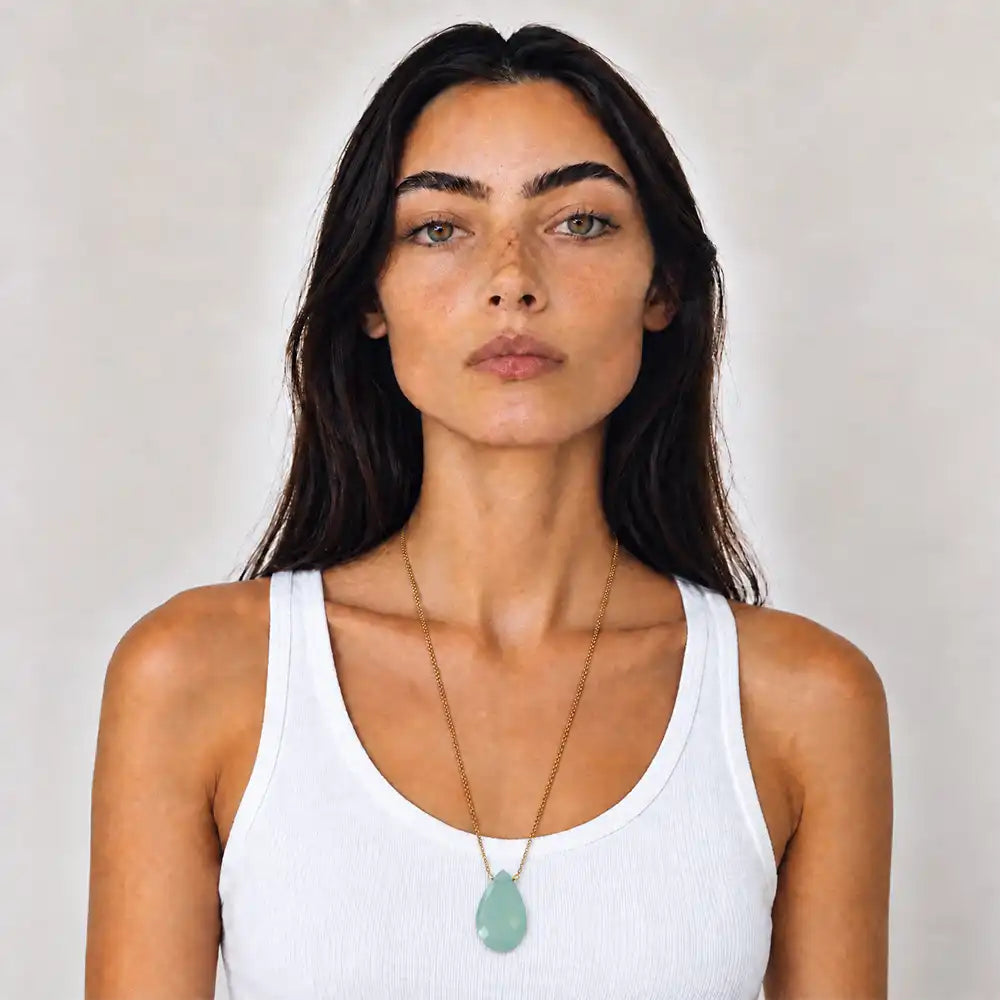 Chalcedony long pendant necklace worn at the full 24 inch length on model
