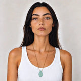 Chalcedony long pendant necklace worn at the full 24 inch length on model