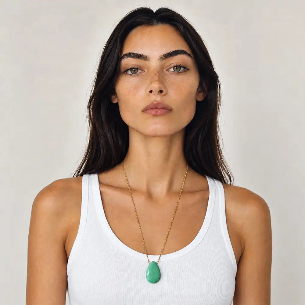 Chrysoprase long pendant necklace worn at the full 24 inch length on model