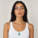 Chrysoprase long pendant necklace worn at the full 24 inch length on model