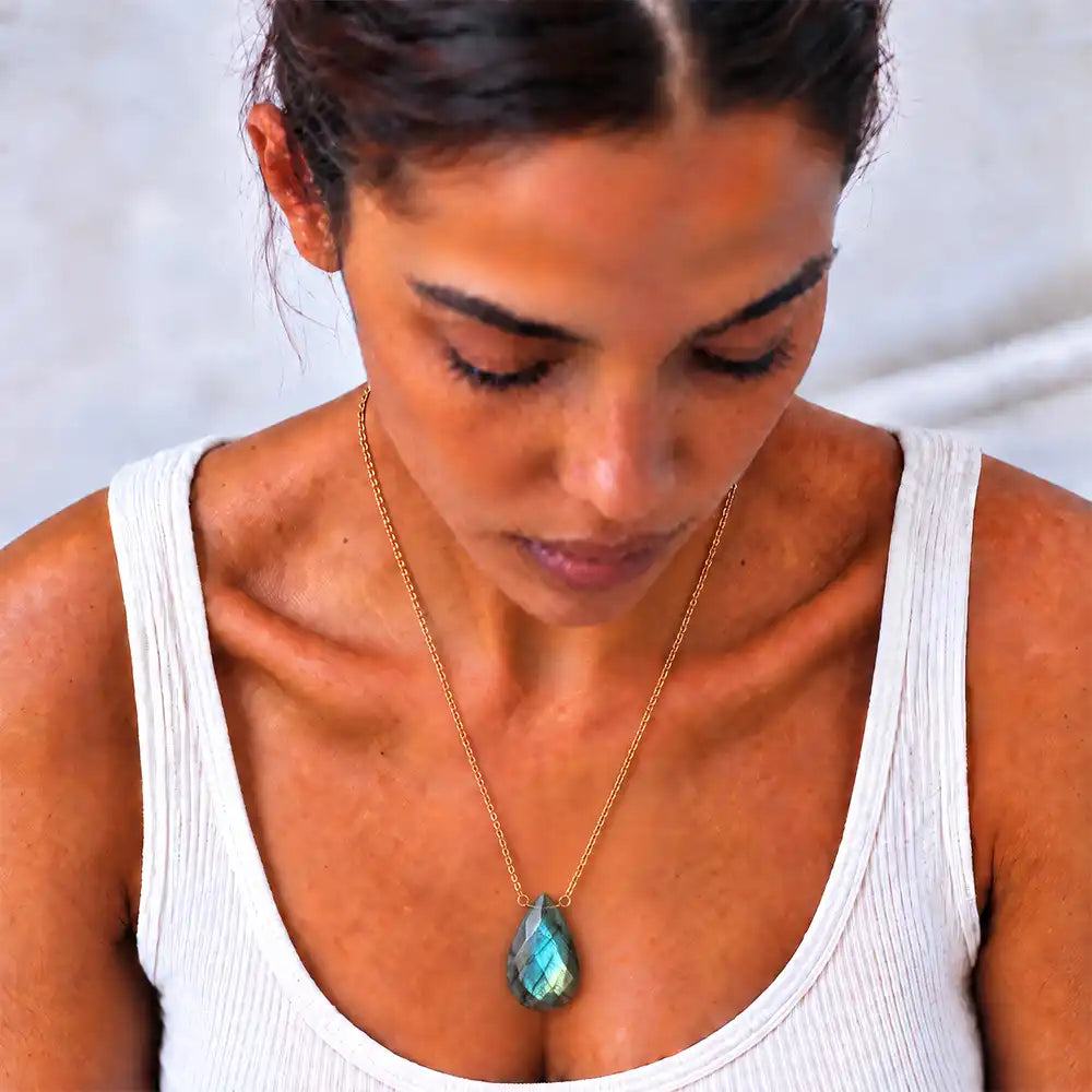 Labradorite long pendant necklace on model, close view of the briolette pendant