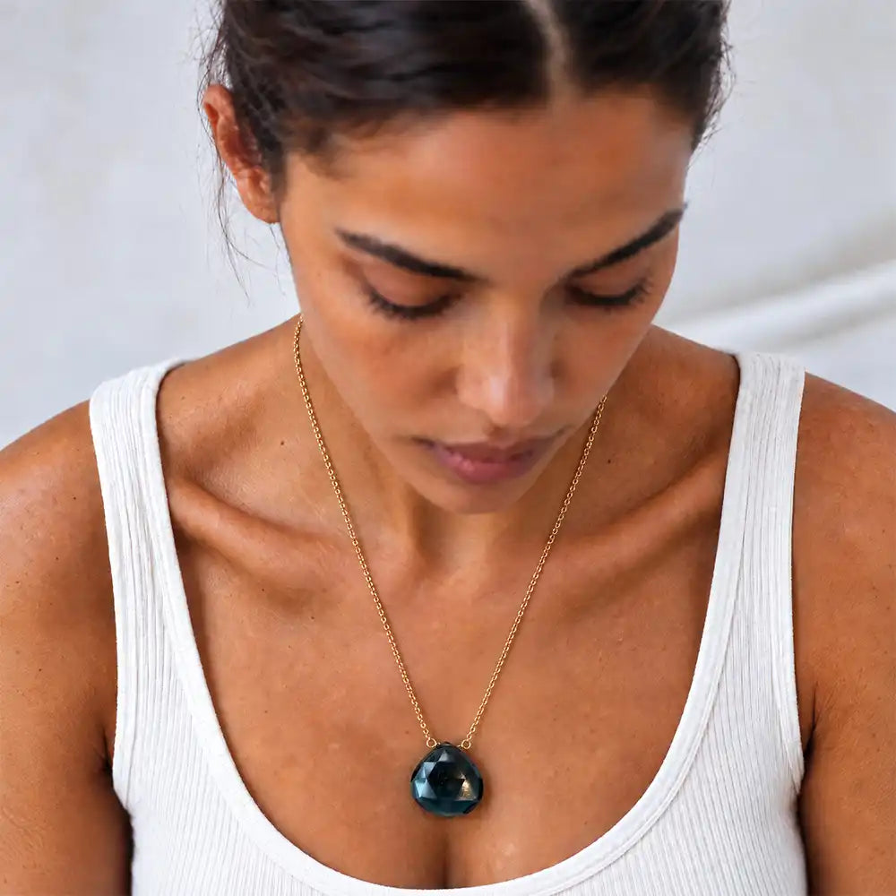 London Blue Topaz long pendant necklace on model, close view of the briolette pendant