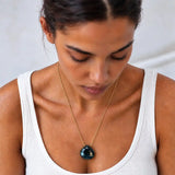 London Blue Topaz long pendant necklace on model, close view of the briolette pendant
