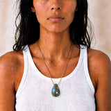 Labradorite long pendant necklace adjusted to the shorter 20 inch length on model