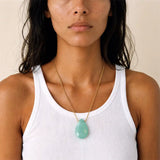 Chalcedony long pendant necklace adjusted to the shorter 20 inch length on model