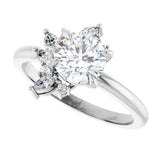 Floral cluster ring with round center in white gold, side profile/2-CT.5CT variant--Round variant--1.5CT variant--14K-white-gold
