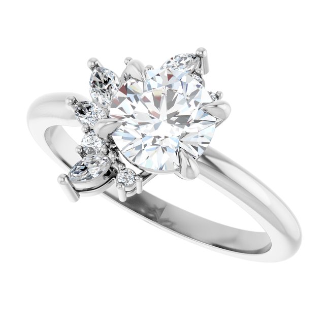 Floral cluster ring with round center in white gold, side profile/2-CT.5CT variant--Round variant--1.5CT variant--14K-white-gold