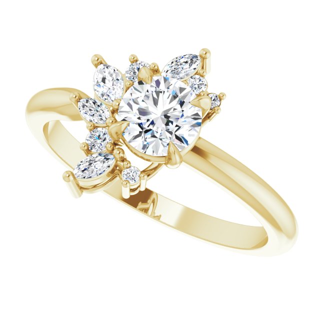 Floral cluster diamond ring in 14K gold showing round center stone option/2-CT variant--.5CT variant--Round variant--.5CT variant--14K-yellow-gold