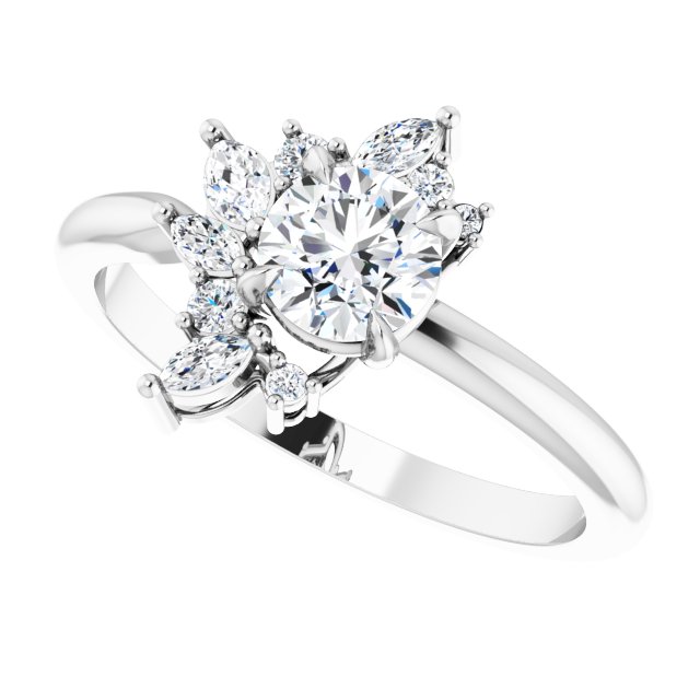 Floral cluster ring with round center stone in yellow gold, front view/2-CT variant--.5CT variant--Round variant--.5CT variant--14K-white-gold